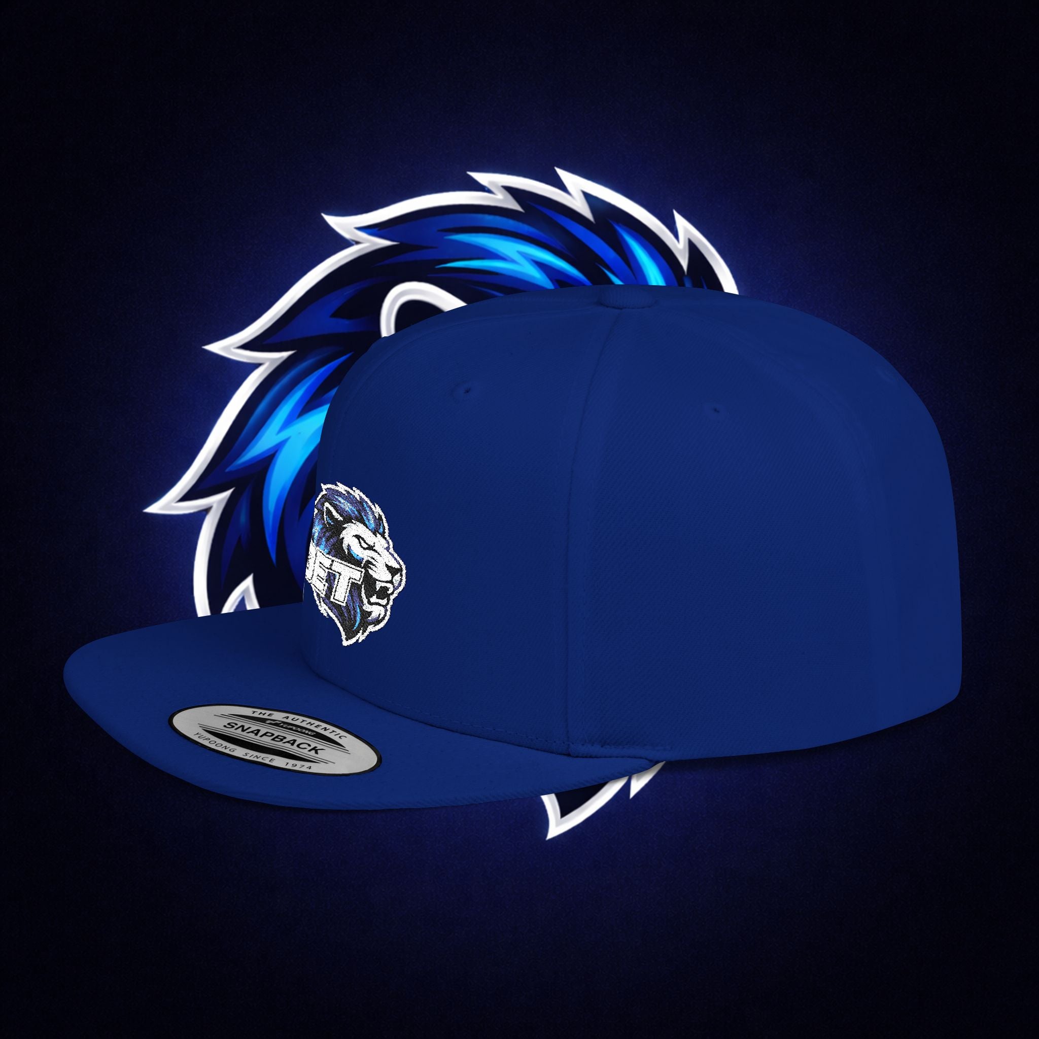 Flat Bill "OET" Snapback Hat — Blue Lion Logo Streetwear Cap