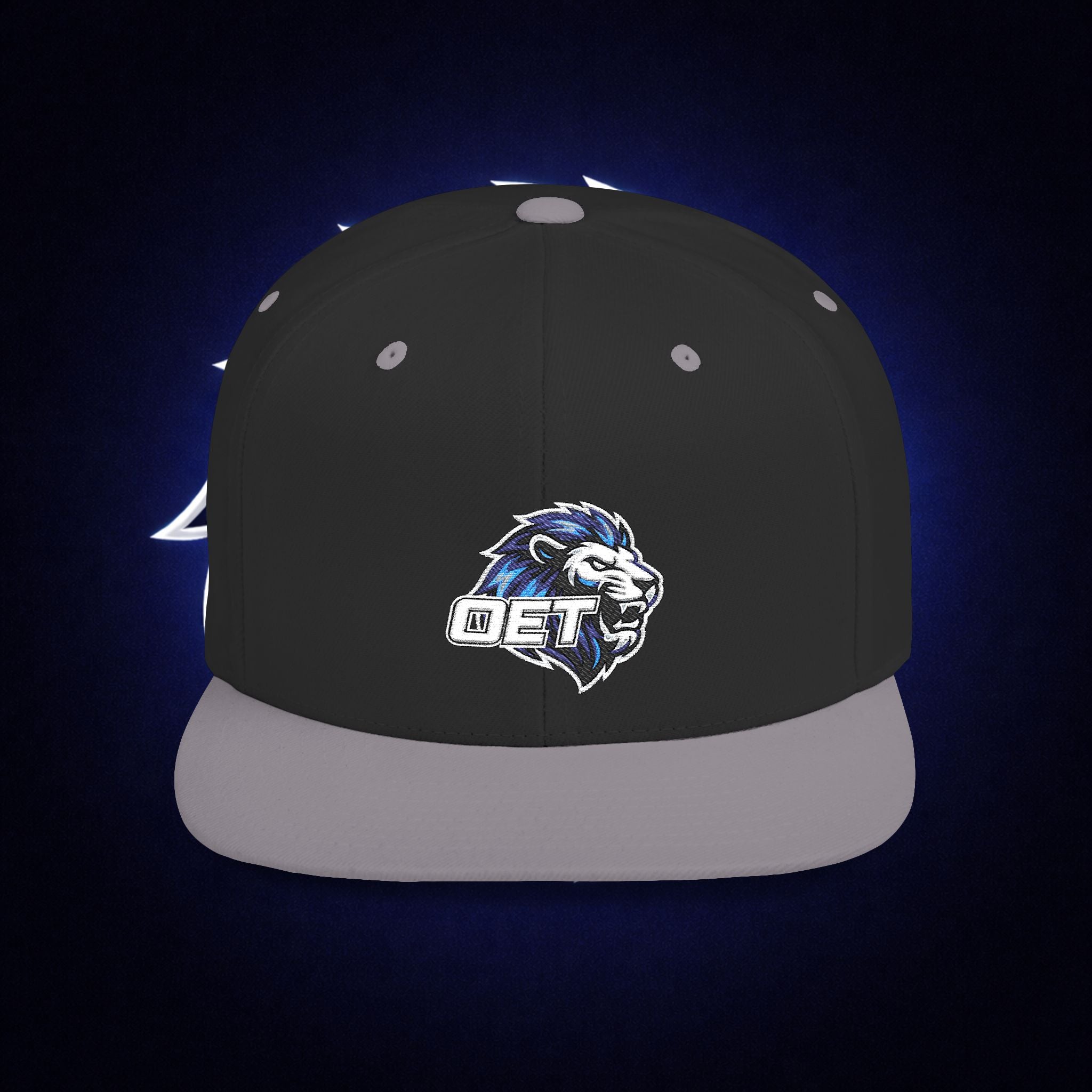 Flat Bill "OET" Snapback Hat — Blue Lion Logo Streetwear Cap