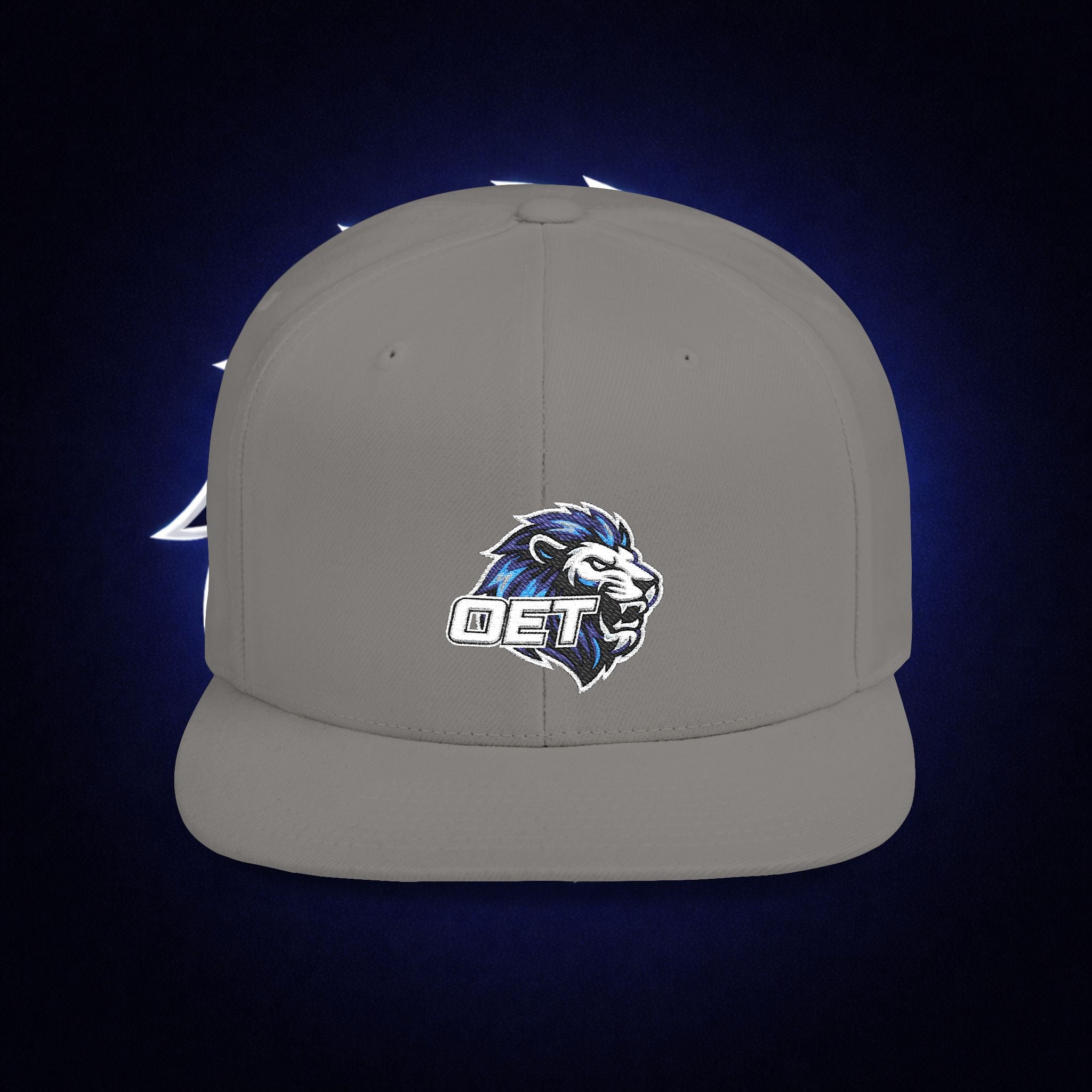 Flat Bill "OET" Snapback Hat — Blue Lion Logo Streetwear Cap
