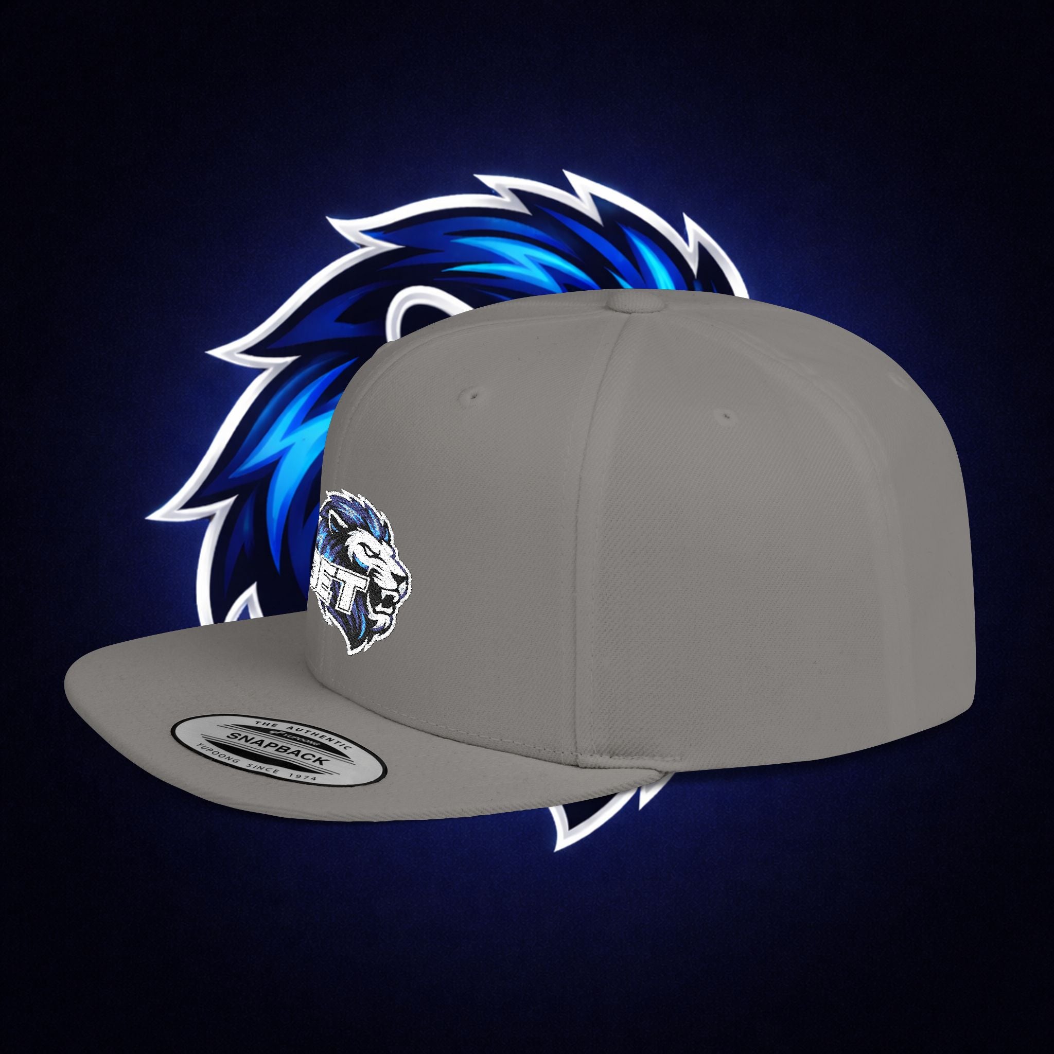Flat Bill "OET" Snapback Hat — Blue Lion Logo Streetwear Cap