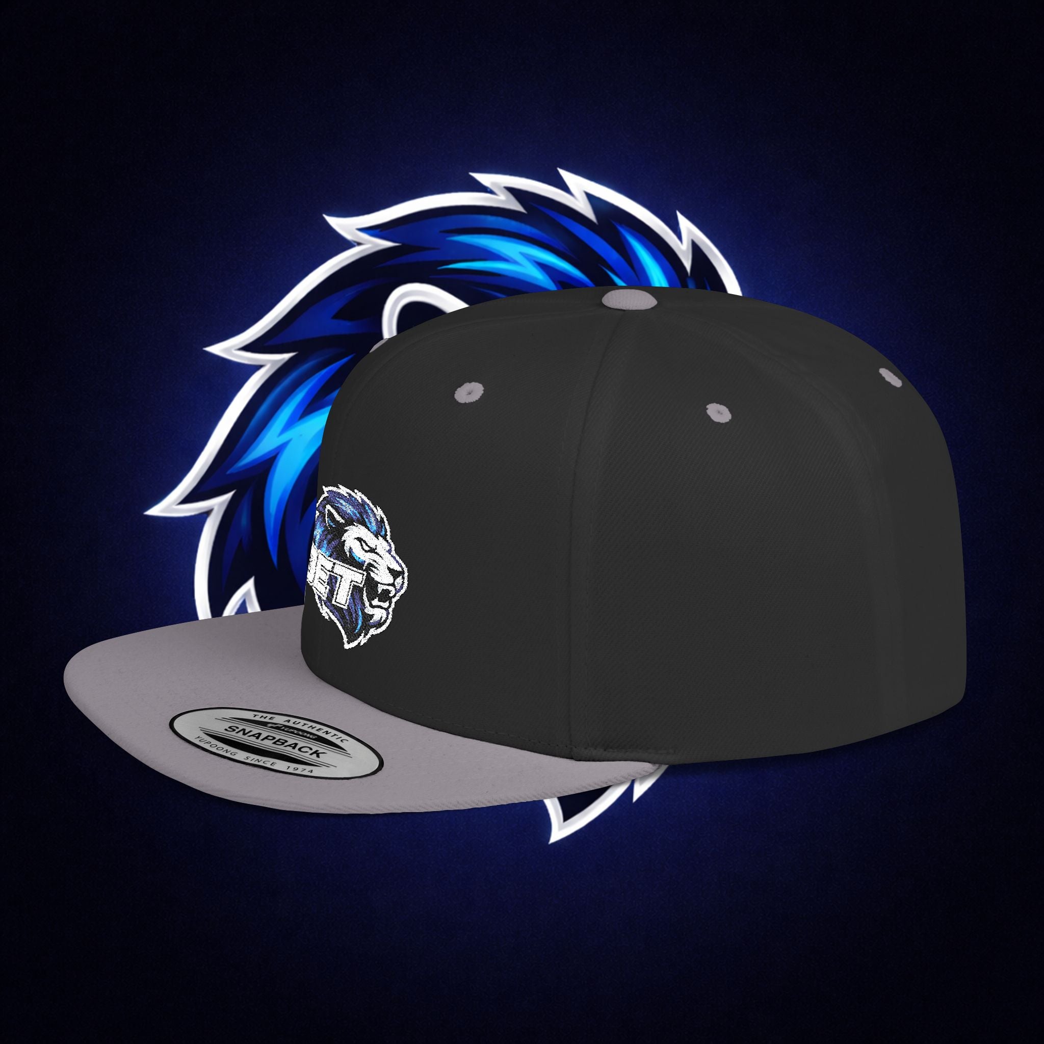Flat Bill "OET" Snapback Hat — Blue Lion Logo Streetwear Cap
