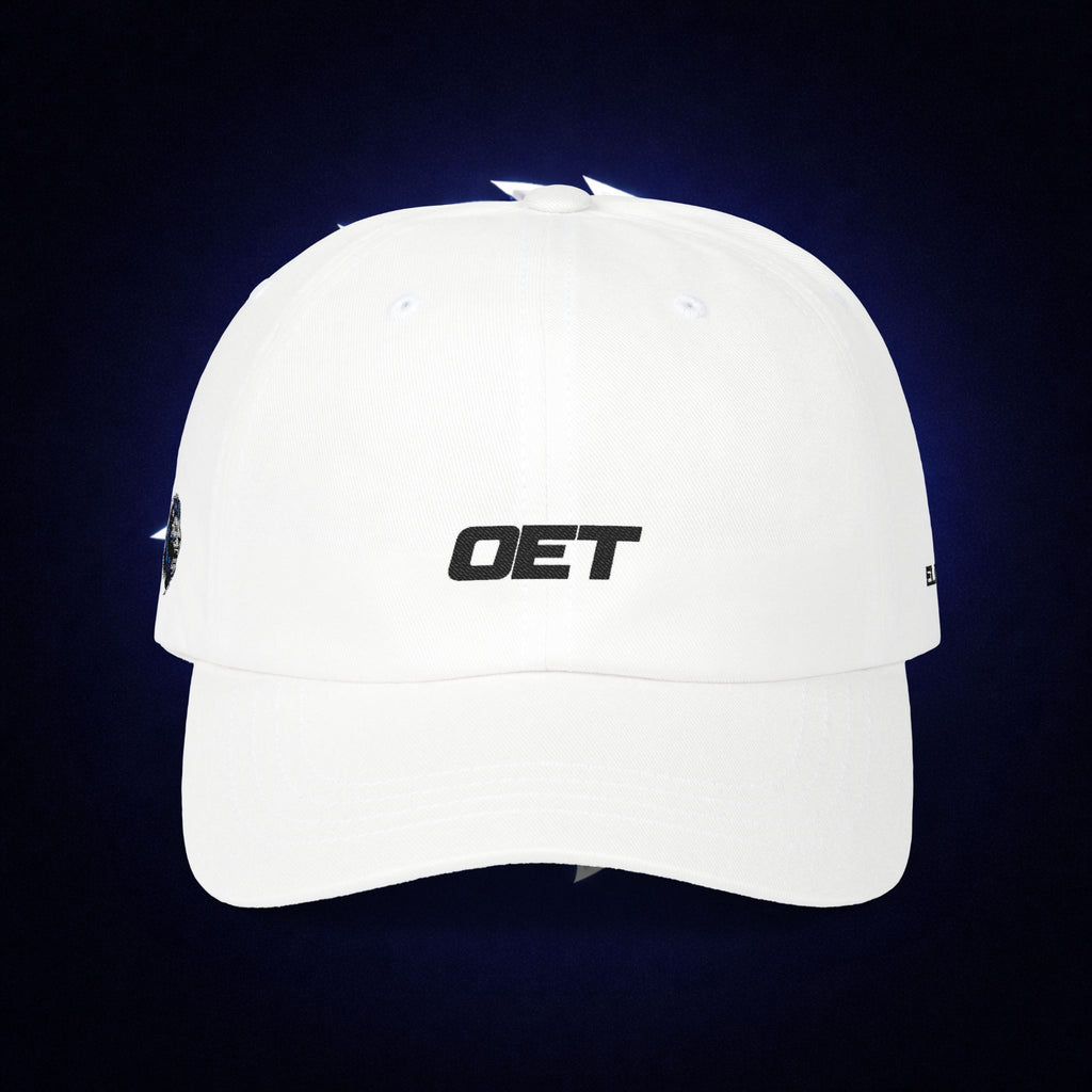 Classic Dad Cap — White 'OET' Embroidered Baseball Hat (Back Text: DISCIPLINED.)